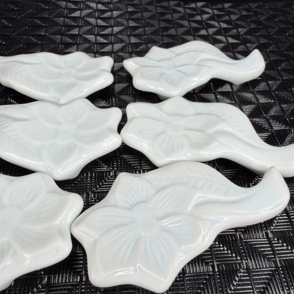 Vintage White Porcelain Floral Chopstick Rests Set of 6 Embossed Flower Leaf VTG